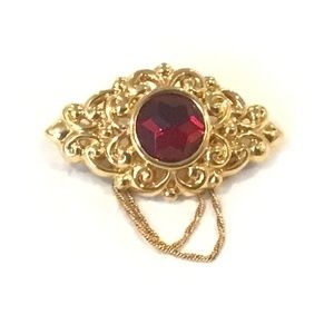 Vintage Signed Teresia Red Stone Scrollwork Gold Tone Draped Chains Pin 2" Wide